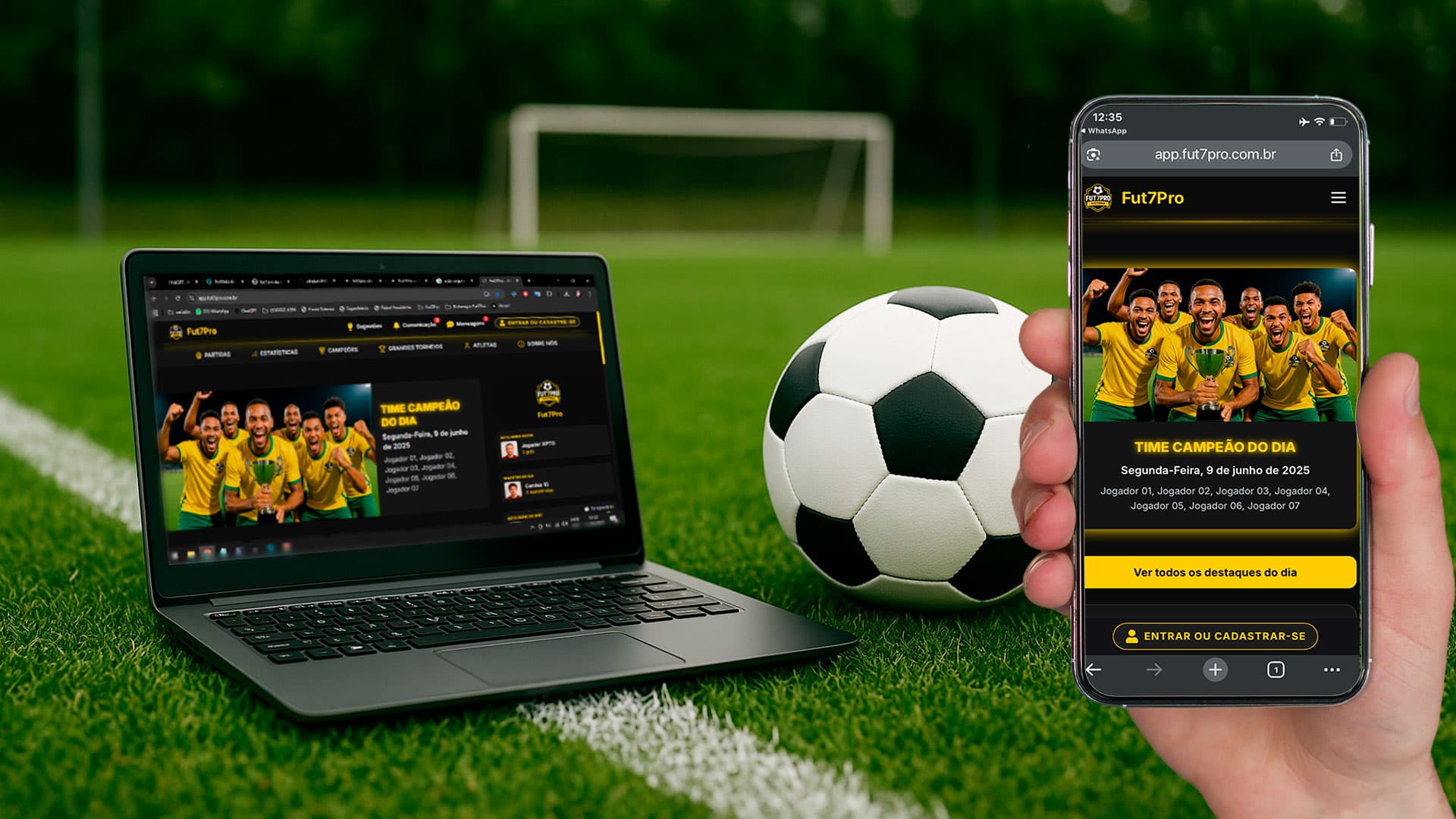 Visual do site público do racha no desktop e no celular